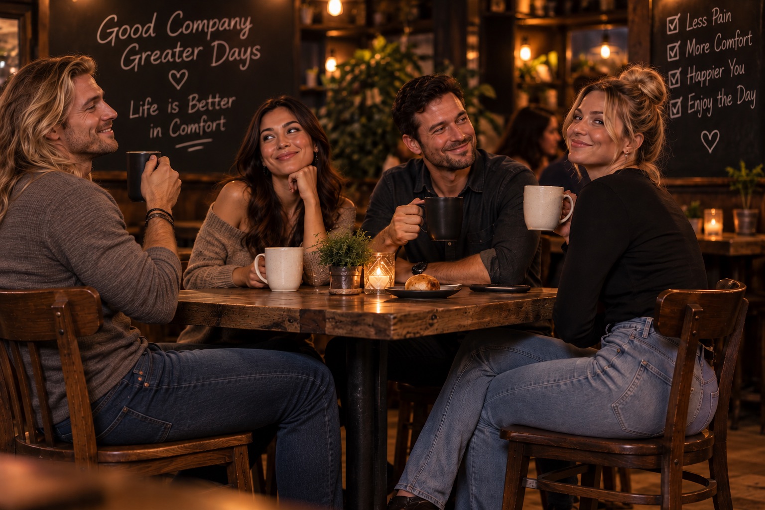 Friends laughing together over coffee